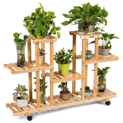 New 4-Tier Wooden Plant Stand with Wheels – Holds 12 Plants, Rolling Indoor/Outdoor Display Shelf FS5187