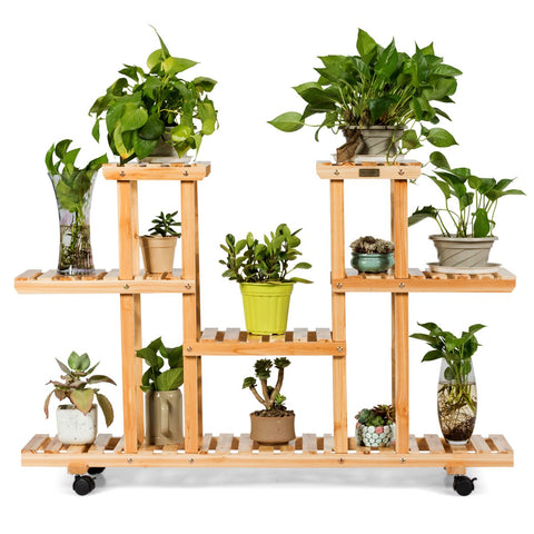 New 4-Tier Wooden Plant Stand with Wheels – Holds 12 Plants, Rolling Indoor/Outdoor Display Shelf FS5187