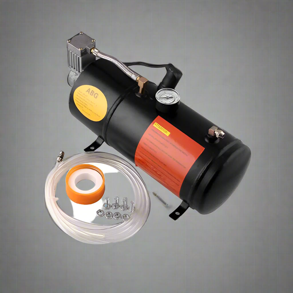 4-Trumpet Train Horn Kit with 12V Compressor

Loud Air Horn Set for Trucks and Buses

Compressor Included with Train Horn

Metal Air Horn with Chrome Finish

Air Horn Kit Packaging and Parts Overview