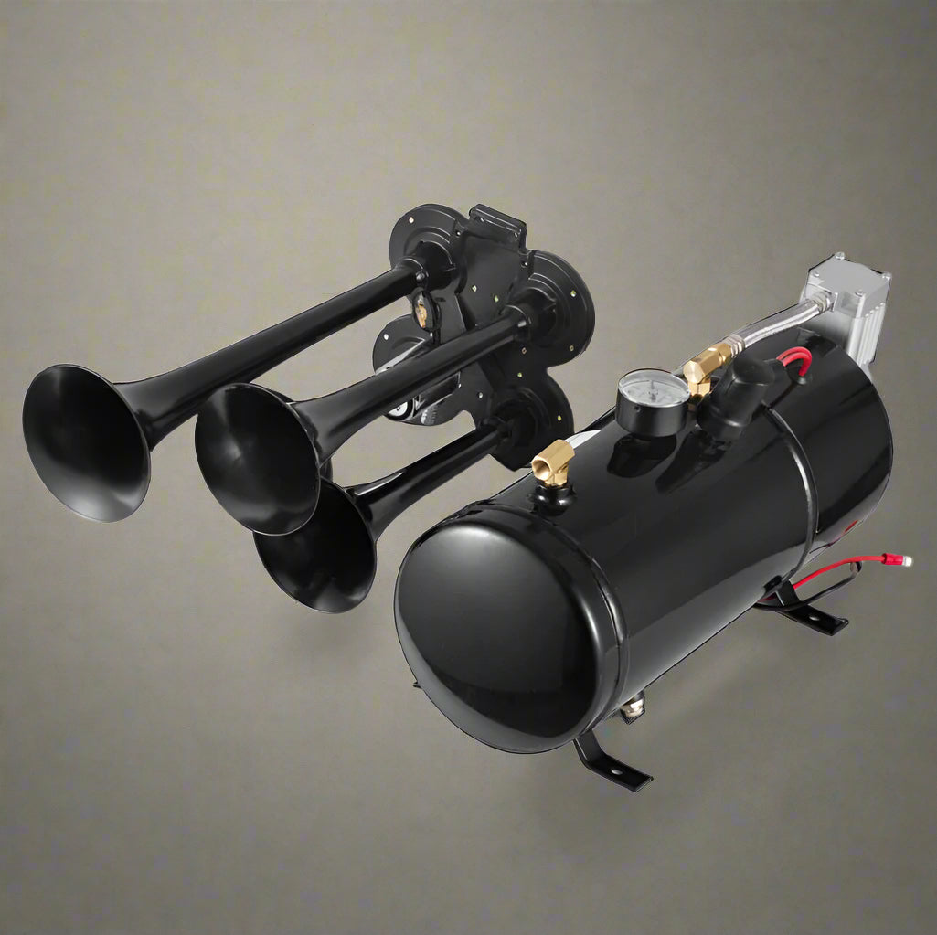 4-Trumpet Train Horn Kit with 12V Compressor

Loud Air Horn Set for Trucks and Buses

Compressor Included with Train Horn

Metal Air Horn with Chrome Finish

Air Horn Kit Packaging and Parts Overview