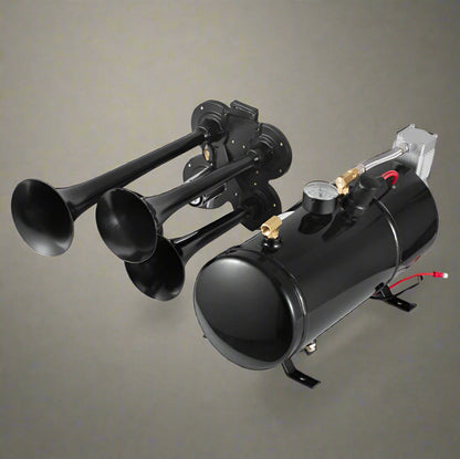 4-Trumpet Train Horn Kit with 12V Compressor

Loud Air Horn Set for Trucks and Buses

Compressor Included with Train Horn

Metal Air Horn with Chrome Finish

Air Horn Kit Packaging and Parts Overview