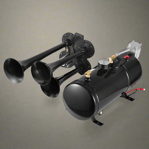 4-Trumpet Train Horn Kit with 12V Compressor

Loud Air Horn Set for Trucks and Buses

Compressor Included with Train Horn

Metal Air Horn with Chrome Finish

Air Horn Kit Packaging and Parts Overview