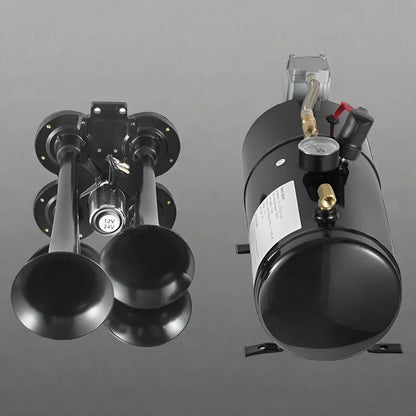 4-Trumpet Train Horn Kit with 12V Compressor

Loud Air Horn Set for Trucks and Buses

Compressor Included with Train Horn

Metal Air Horn with Chrome Finish

Air Horn Kit Packaging and Parts Overview