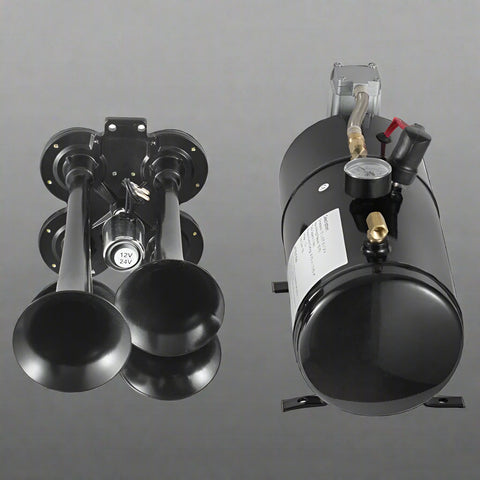 4-Trumpet Train Horn Kit with 12V Compressor

Loud Air Horn Set for Trucks and Buses

Compressor Included with Train Horn

Metal Air Horn with Chrome Finish

Air Horn Kit Packaging and Parts Overview