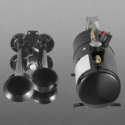 4-Trumpet Train Horn Kit with 12V Compressor

Loud Air Horn Set for Trucks and Buses

Compressor Included with Train Horn

Metal Air Horn with Chrome Finish

Air Horn Kit Packaging and Parts Overview