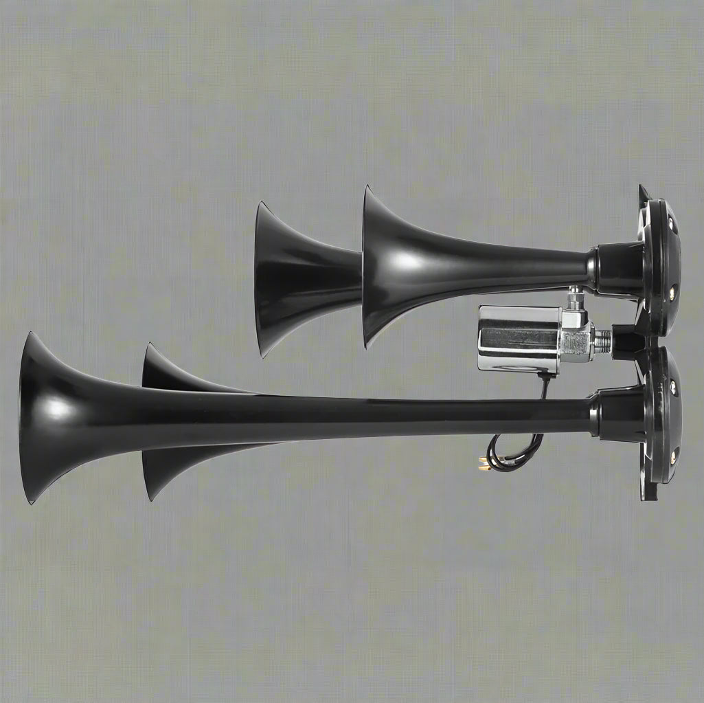 4-Trumpet Train Horn Kit with 12V Compressor

Loud Air Horn Set for Trucks and Buses

Compressor Included with Train Horn

Metal Air Horn with Chrome Finish

Air Horn Kit Packaging and Parts Overview
