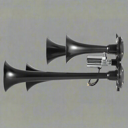 4-Trumpet Train Horn Kit with 12V Compressor

Loud Air Horn Set for Trucks and Buses

Compressor Included with Train Horn

Metal Air Horn with Chrome Finish

Air Horn Kit Packaging and Parts Overview