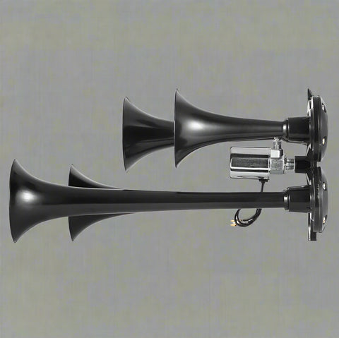 4-Trumpet Train Horn Kit with 12V Compressor

Loud Air Horn Set for Trucks and Buses

Compressor Included with Train Horn

Metal Air Horn with Chrome Finish

Air Horn Kit Packaging and Parts Overview