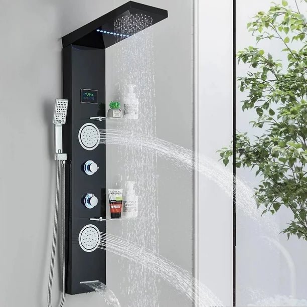 New 4 - Way Stainless Steel LED Jet Rainfall Massage Shower – Luxury Bathroom Shower Head - with Black Finish Stainless Steel Jet Rainfall Massage Shower | Sold by Uncle Wiener's Wholesale