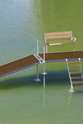 Complete aluminum dock system with wood grain vinyl decking
4x10 FT aluminum dock section by water
Aluminum dock kit with base plates and auger ends
Lakefront dock system installation with ramp connector