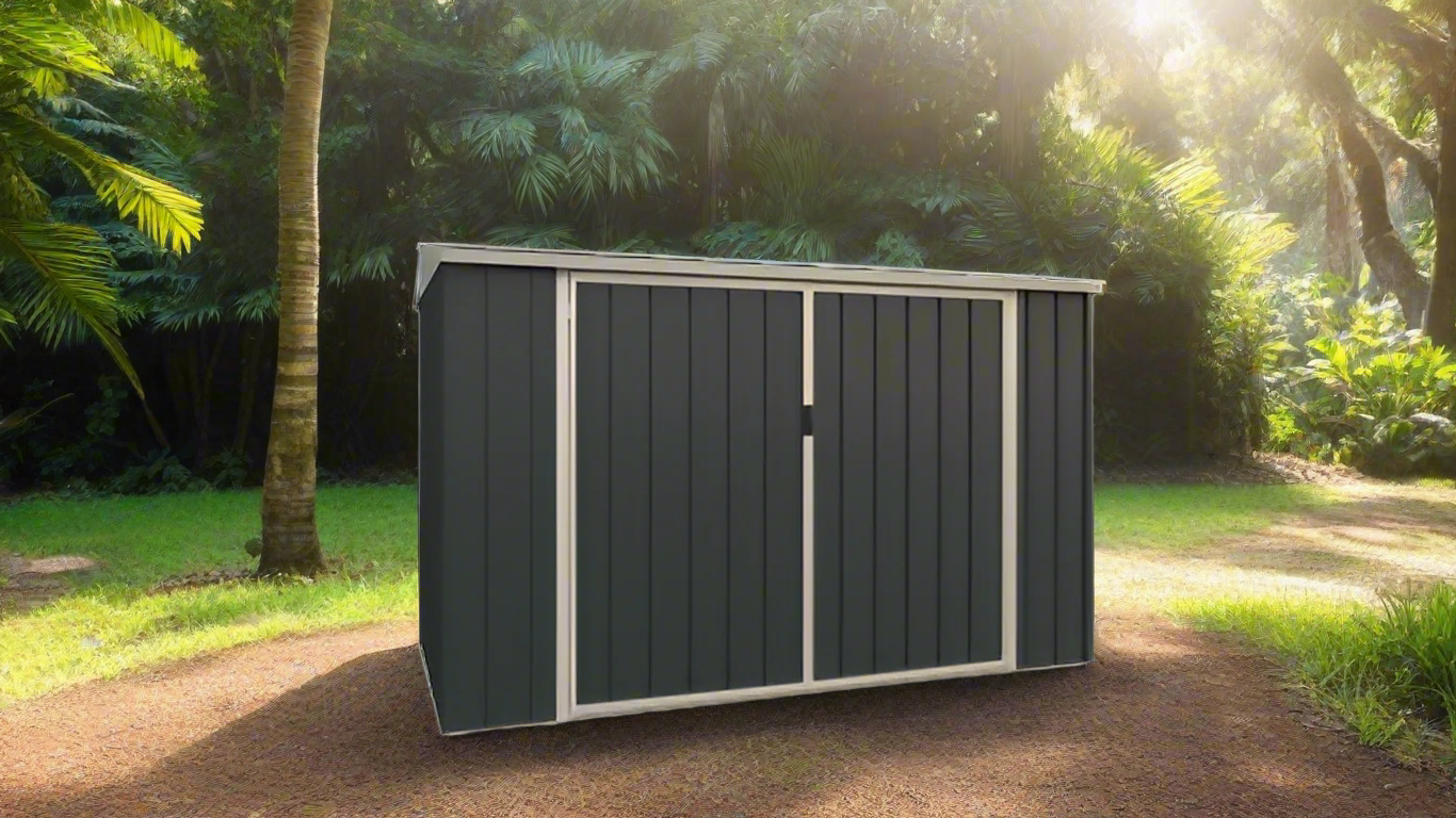 “4x8 FT metal garden shed with double front doors in gray”

“Side view of weather-resistant metal shed EF0408”

“Compact outdoor steel storage unit with double entry”

