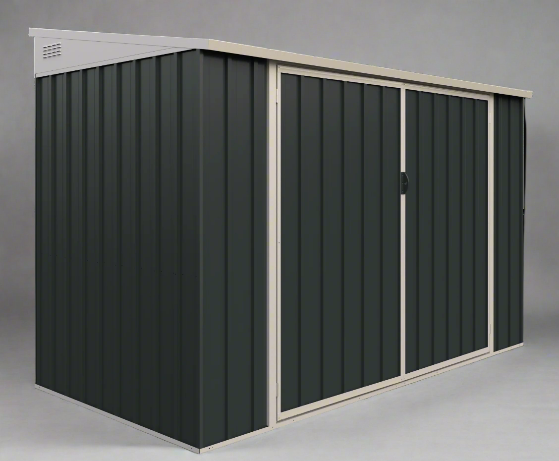 “4x8 FT metal garden shed with double front doors in gray”

“Side view of weather-resistant metal shed EF0408”

“Compact outdoor steel storage unit with double entry”

