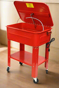 40-gallon red automotive parts washer with open safety lid and rolling casters