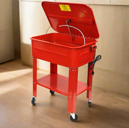 40-gallon red automotive parts washer with open safety lid and rolling casters