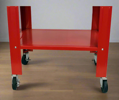 Side view of 20-gallon red portable parts washer with steel frame and drain hose