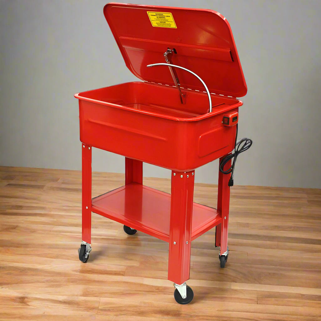 40-gallon portable parts washer on casters with open lid and tool tray