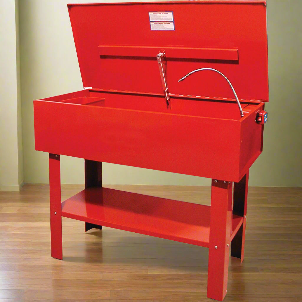 20-gallon red parts washer for garage or automotive cleaning, closed lid