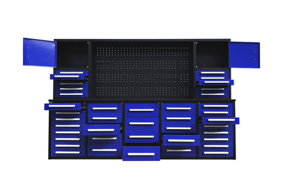 Deluxe 10 FT Tool Workbench System with 40 Red Drawers and Pegboard

Drawer Detail: Lockable Red Tool Cabinet Drawers with Smooth Slides

Pegboard View: Steel Pegboard Panel with Hanging Tool Storage

Blue Variant: Blue 10 FT Tool Cabinet Workstation with Upper and Lower Cabinets

Side Angle: Heavy-Duty Tool Workbench in Blue or Red Finish – Side Profile