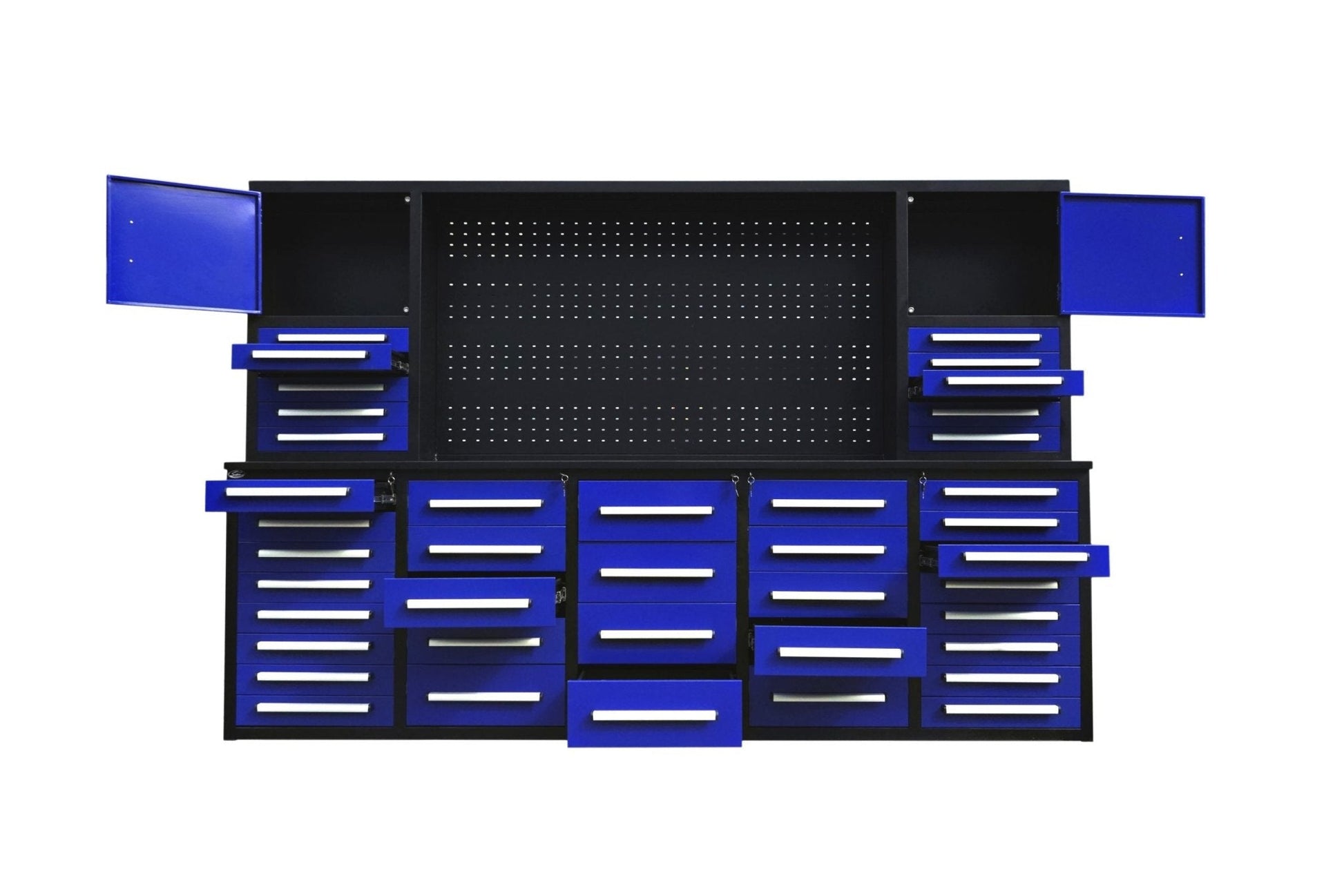 Deluxe 10 FT Tool Workbench System with 40 Red Drawers and Pegboard

Drawer Detail: Lockable Red Tool Cabinet Drawers with Smooth Slides

Pegboard View: Steel Pegboard Panel with Hanging Tool Storage

Blue Variant: Blue 10 FT Tool Cabinet Workstation with Upper and Lower Cabinets

Side Angle: Heavy-Duty Tool Workbench in Blue or Red Finish – Side Profile