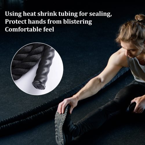 40 FT Black Heavy-Duty Battle Rope Coiled

Close-up of Textured Handle and Grip

Removable Nylon Protective Sleeve

Rope in Use – Cardio Training Session

Athlete Performing Rope Waves – Full-Body Workout

Strength Rope for CrossFit Conditioning