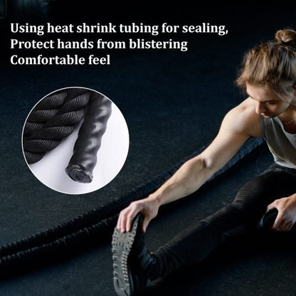 40 FT Black Heavy-Duty Battle Rope Coiled

Close-up of Textured Handle and Grip

Removable Nylon Protective Sleeve

Rope in Use – Cardio Training Session

Athlete Performing Rope Waves – Full-Body Workout

Strength Rope for CrossFit Conditioning