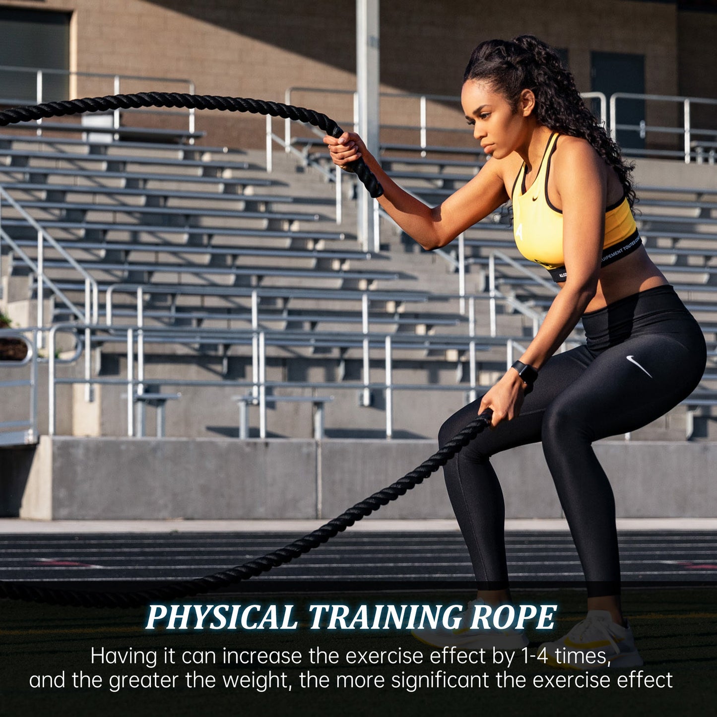 40 FT Black Heavy-Duty Battle Rope Coiled

Close-up of Textured Handle and Grip

Removable Nylon Protective Sleeve

Rope in Use – Cardio Training Session

Athlete Performing Rope Waves – Full-Body Workout

Strength Rope for CrossFit Conditioning