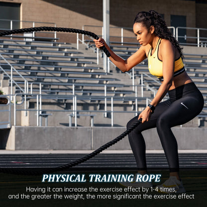 40 FT Black Heavy-Duty Battle Rope Coiled

Close-up of Textured Handle and Grip

Removable Nylon Protective Sleeve

Rope in Use – Cardio Training Session

Athlete Performing Rope Waves – Full-Body Workout

Strength Rope for CrossFit Conditioning