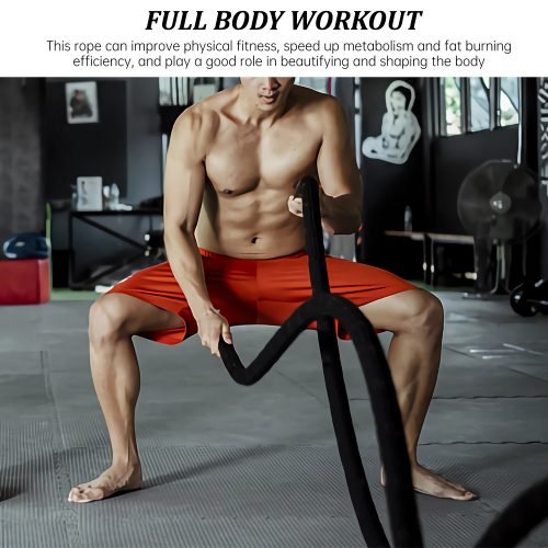 40 FT Black Heavy-Duty Battle Rope Coiled

Close-up of Textured Handle and Grip

Removable Nylon Protective Sleeve

Rope in Use – Cardio Training Session

Athlete Performing Rope Waves – Full-Body Workout

Strength Rope for CrossFit Conditioning