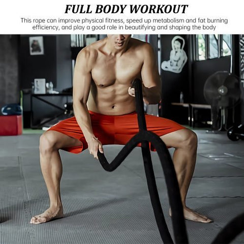 40 FT Black Heavy-Duty Battle Rope Coiled

Close-up of Textured Handle and Grip

Removable Nylon Protective Sleeve

Rope in Use – Cardio Training Session

Athlete Performing Rope Waves – Full-Body Workout

Strength Rope for CrossFit Conditioning