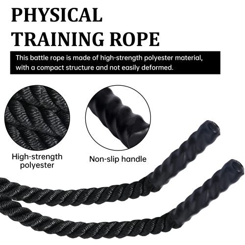 40 FT Black Heavy-Duty Battle Rope Coiled

Close-up of Textured Handle and Grip

Removable Nylon Protective Sleeve

Rope in Use – Cardio Training Session

Athlete Performing Rope Waves – Full-Body Workout

Strength Rope for CrossFit Conditioning
