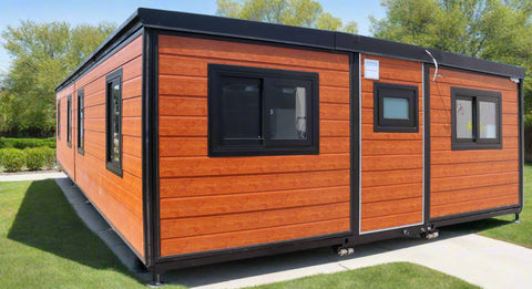 Front view of 40FT off-grid folding house, set on leveling blocks