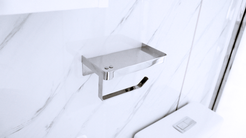 Bathroom view with mounted vanity and under-sink cabinet