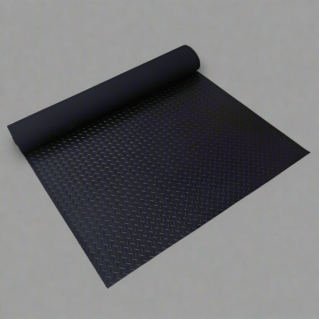 Diamond Rubber Flooring Roll Installed in Garage – Black Non-Slip Surface

Heavy-Duty Rubber Flooring Texture – Diamond Pattern Close-Up

Garage or Gym Flooring Roll – Industrial Rubber Mat

Industrial Rubber Roll Mat – 40 SQFT and 125 SQFT Options Available