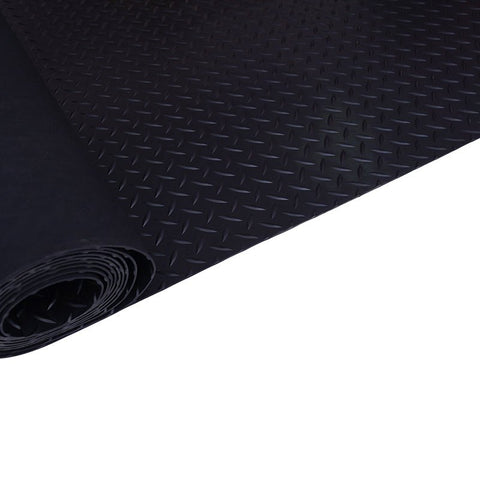 Diamond Rubber Flooring Roll Installed in Garage – Black Non-Slip Surface

Heavy-Duty Rubber Flooring Texture – Diamond Pattern Close-Up

Garage or Gym Flooring Roll – Industrial Rubber Mat

Industrial Rubber Roll Mat – 40 SQFT and 125 SQFT Options Available