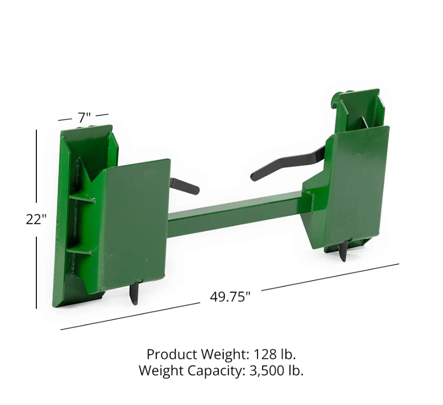Quick Tach Adapter for John Deere to Skid Steer – 4000 lb
Heavy-duty conversion adapter bracket in green finish
Side view of steel JD quick attach adapter plate
Universal skid steer quick attach converter for tractors 
4000 lb skid steer adapter bracket for JD loaders