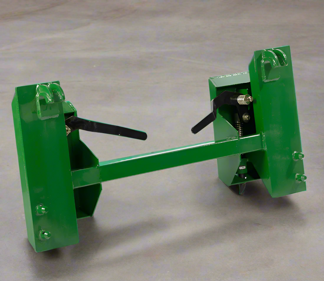 Quick Tach Adapter for John Deere to Skid Steer – 4000 lb
Heavy-duty conversion adapter bracket in green finish
Side view of steel JD quick attach adapter plate
Universal skid steer quick attach converter for tractors 
4000 lb skid steer adapter bracket for JD loaders