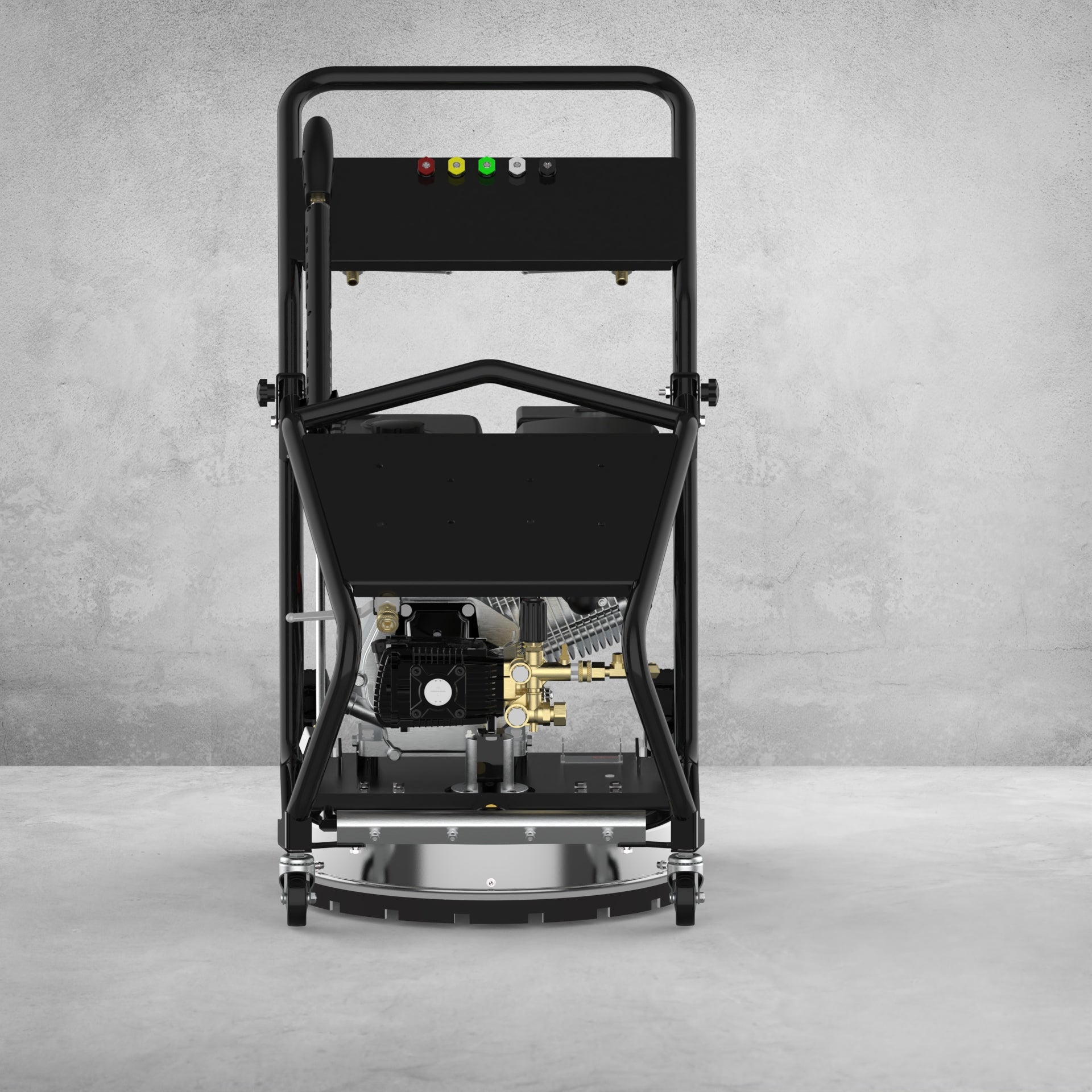 4000 PSI Pressure Washer – Full Unit Front View

Surface Cleaner Attachment with Power Washer

Water Broom Accessory for Pressure Washer

Pressure Washer with Wand and Gas Engine

Side View of Multi-Use Commercial Pressure Washer