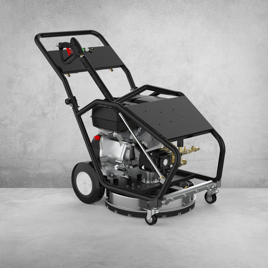 4000 PSI Pressure Washer – Full Unit Front View

Surface Cleaner Attachment with Power Washer

Water Broom Accessory for Pressure Washer

Pressure Washer with Wand and Gas Engine

Side View of Multi-Use Commercial Pressure Washer