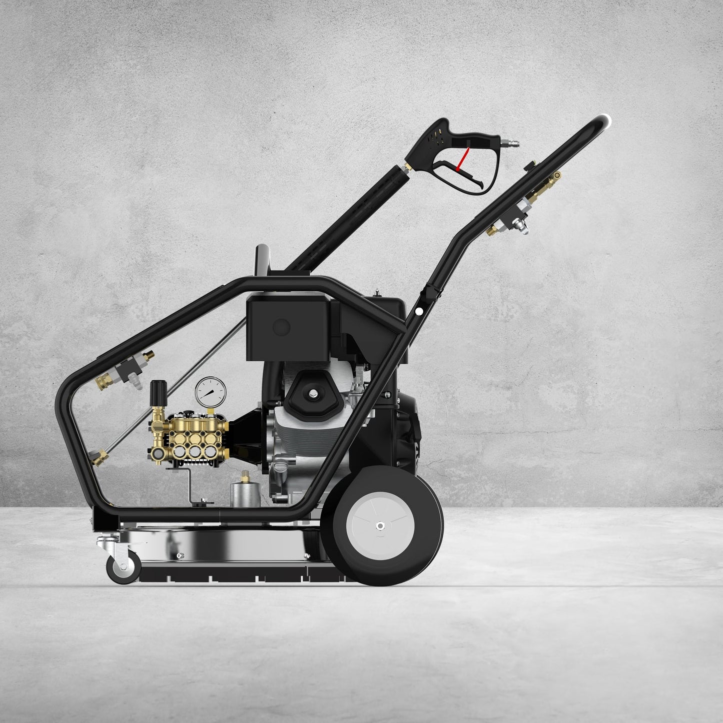 4000 PSI Pressure Washer – Full Unit Front View

Surface Cleaner Attachment with Power Washer

Water Broom Accessory for Pressure Washer

Pressure Washer with Wand and Gas Engine

Side View of Multi-Use Commercial Pressure Washer
