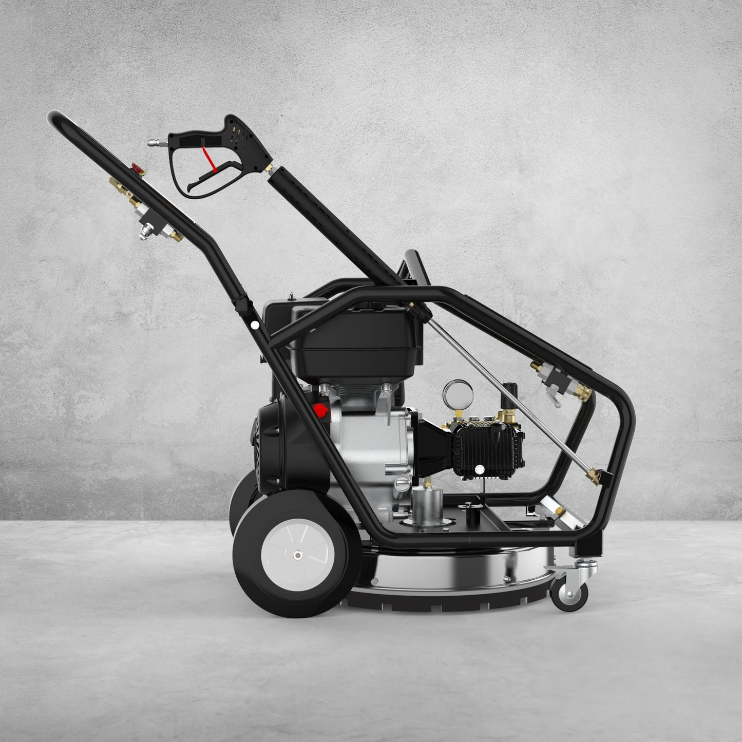4000 PSI Pressure Washer – Full Unit Front View

Surface Cleaner Attachment with Power Washer

Water Broom Accessory for Pressure Washer

Pressure Washer with Wand and Gas Engine

Side View of Multi-Use Commercial Pressure Washer