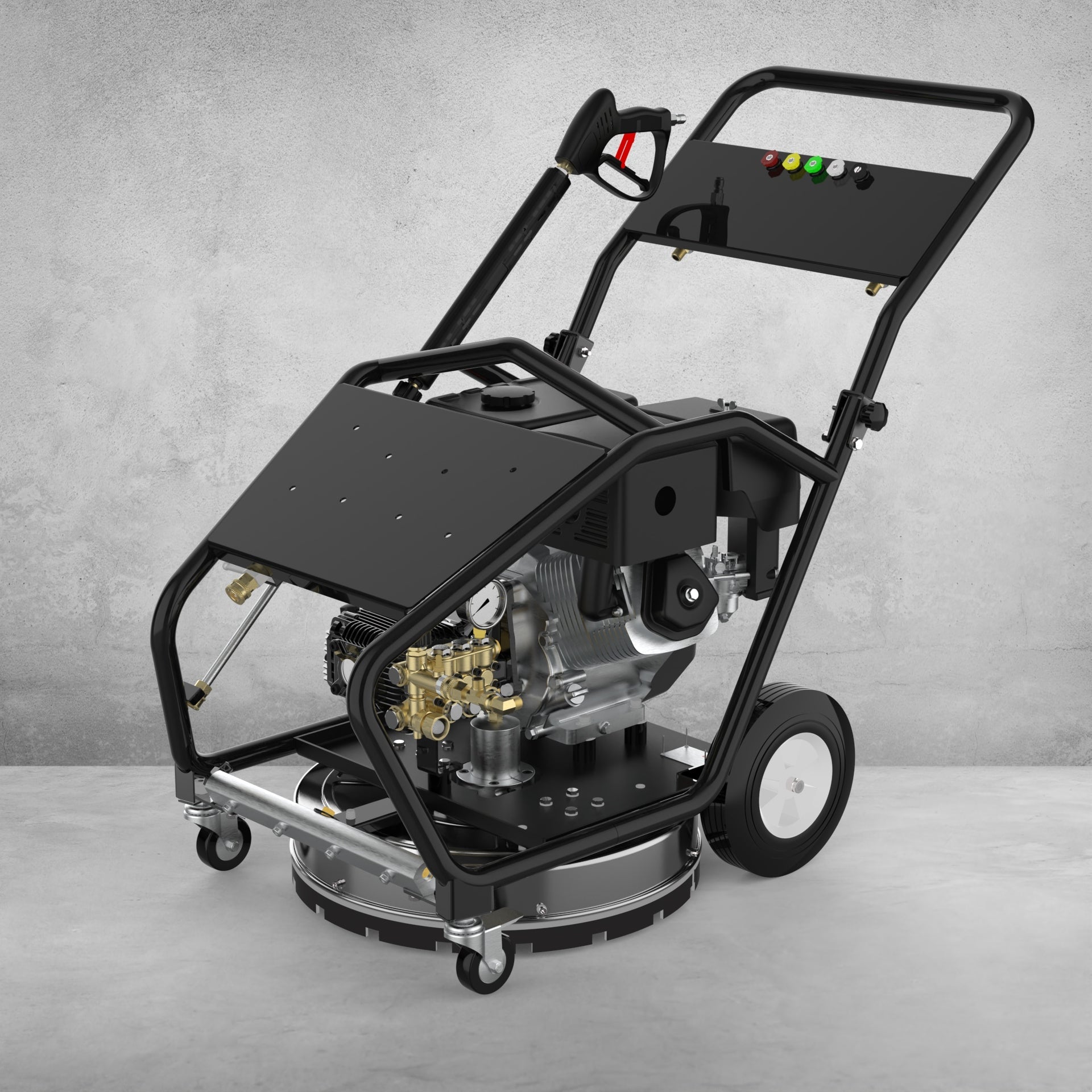 4000 PSI Pressure Washer – Full Unit Front View

Surface Cleaner Attachment with Power Washer

Water Broom Accessory for Pressure Washer

Pressure Washer with Wand and Gas Engine

Side View of Multi-Use Commercial Pressure Washer