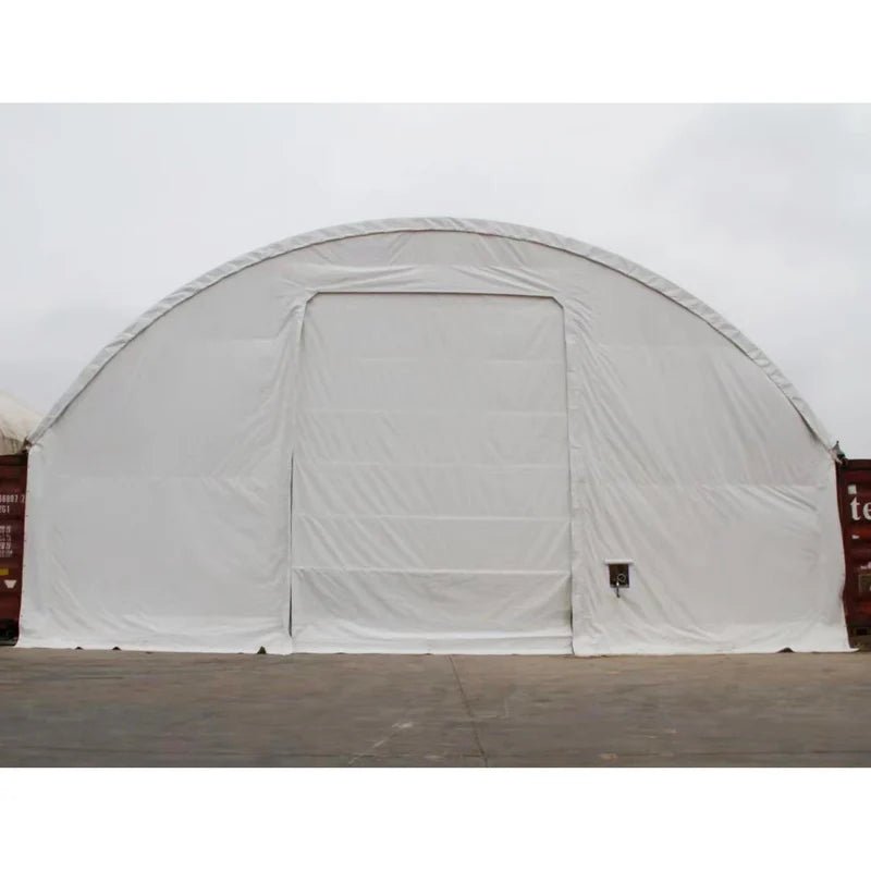 40x40x15 FT double truss fabric storage shelter mounted over shipping containers with winch door – heavy-duty PVC cover
