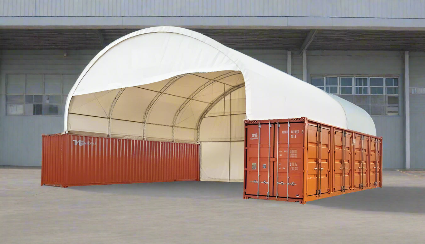 40x40x15 FT double truss fabric storage shelter mounted over shipping containers with winch door – heavy-duty PVC cover