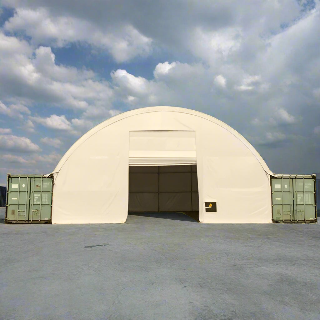 40x40x15 FT double truss fabric storage shelter mounted over shipping containers with winch door – heavy-duty PVC cover