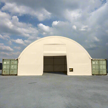 40x40x15 FT double truss fabric storage shelter mounted over shipping containers with winch door – heavy-duty PVC cover