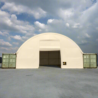 40x40x15 FT double truss fabric storage shelter mounted over shipping containers with winch door – heavy-duty PVC cover