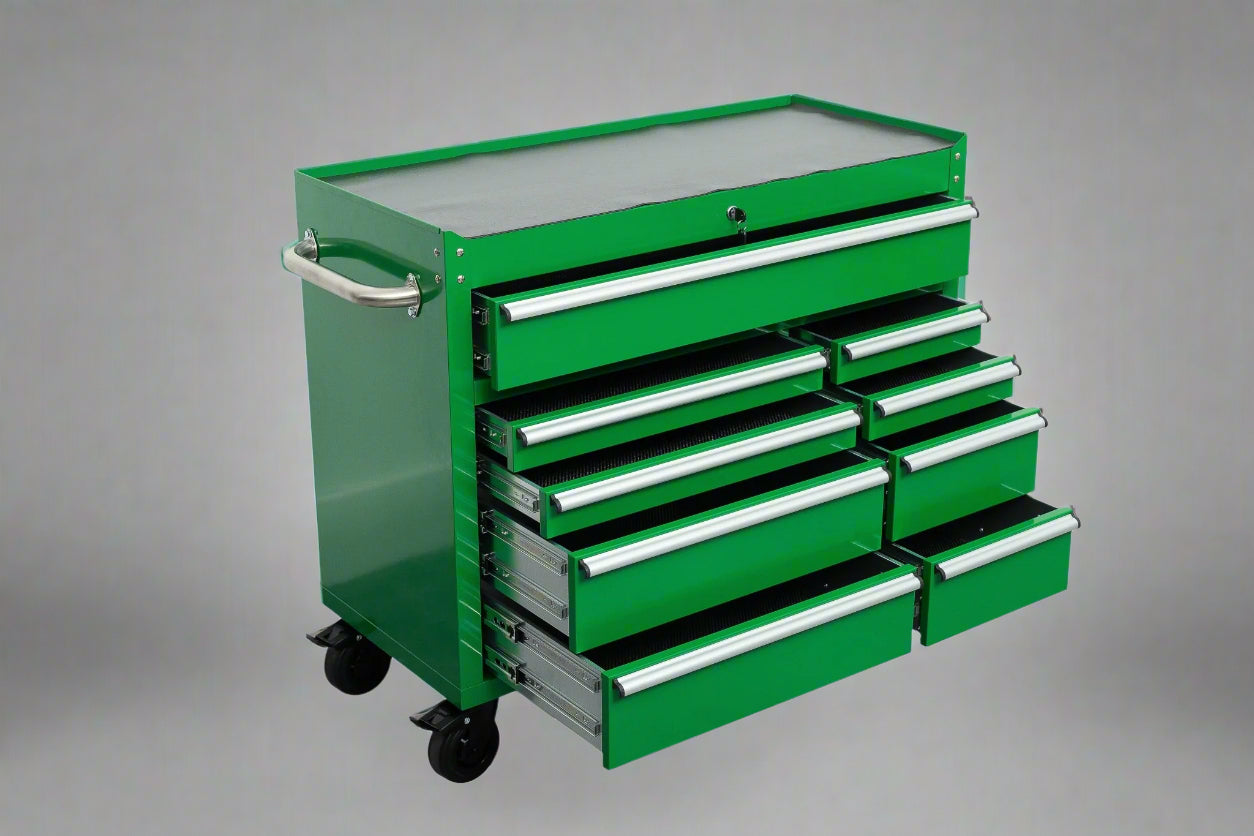 42" 9 - Drawer Rolling Tool Bench – Heavy - Duty Garage Cabinet - with Emerald JD Green