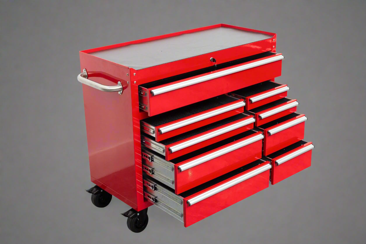 42" 9 - Drawer Rolling Tool Bench – Heavy - Duty Garage Cabinet - with Red