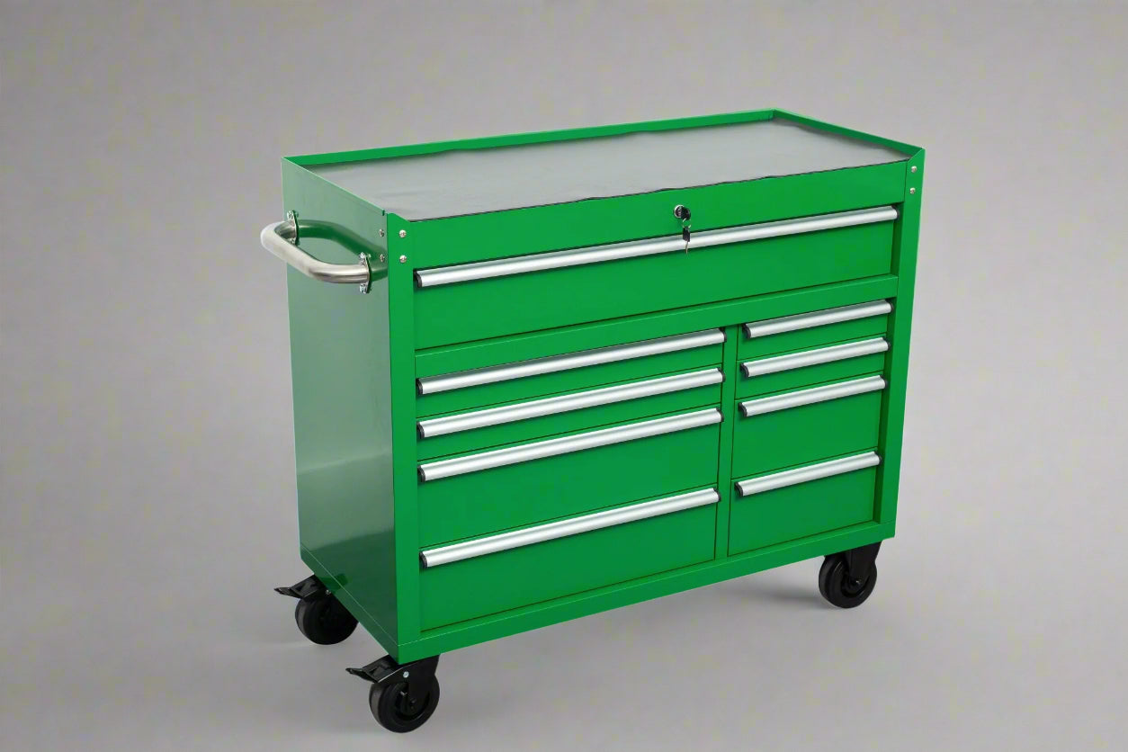 42" 9 - Drawer Rolling Tool Bench – Heavy - Duty Garage Cabinet - with Emerald JD Green