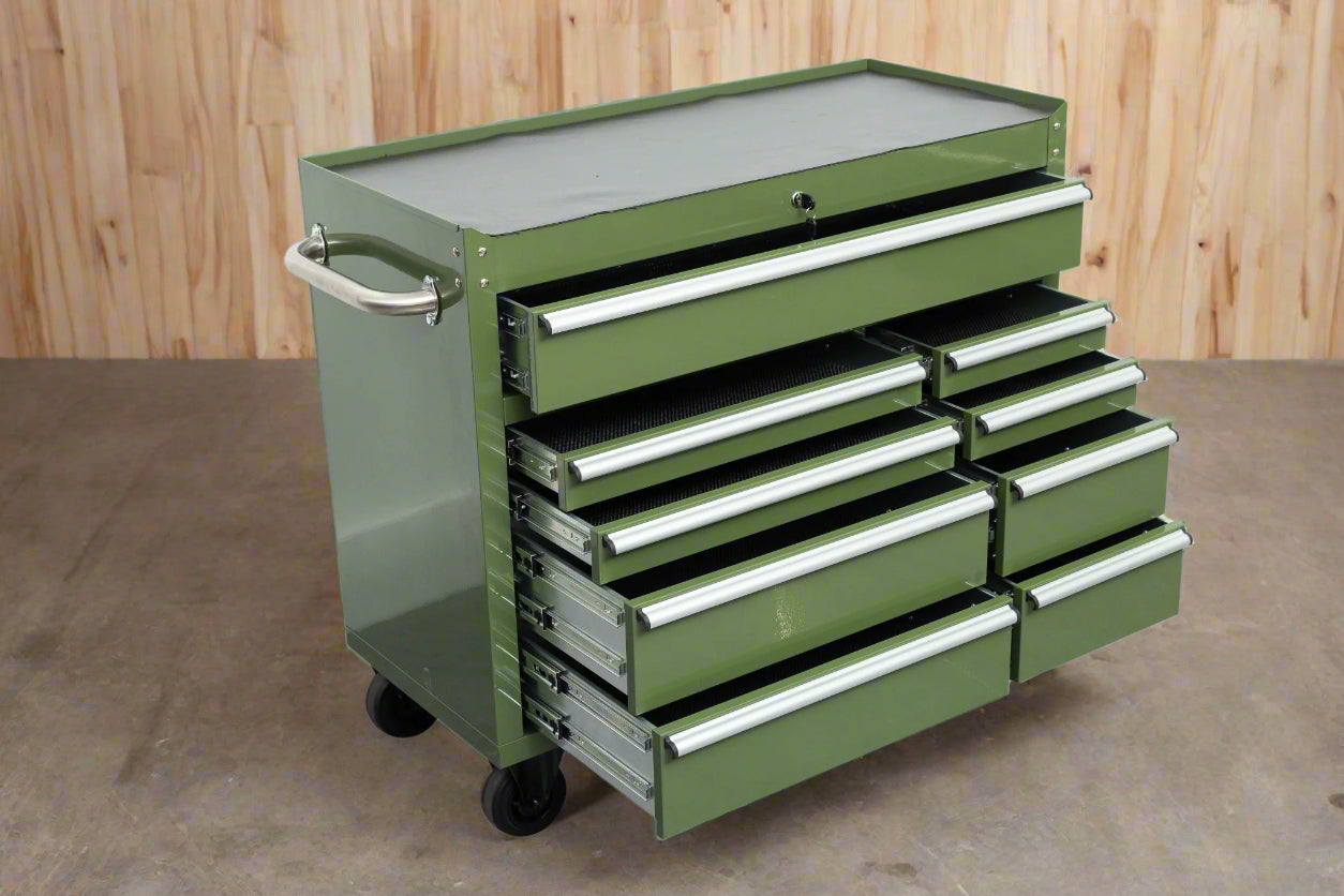 42" 9-Drawer Green Rolling Tool Chest – Front View